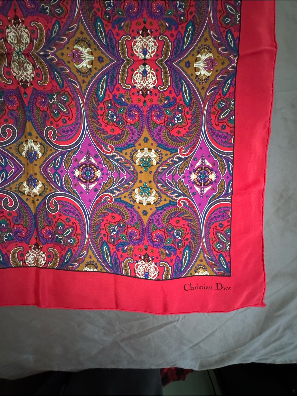 Dior Multicolor Paisley Silk Scarf with Red Border - Picture 3 of 7